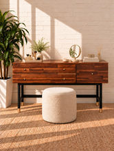 Load image into Gallery viewer, Image 2 of 4: Briar 3-drawer vanity desk in Warm Walnut with solid Acacia construction, compartmented drawer, black Iron legs, and Gold-tone pulls