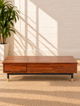 Load image into Gallery viewer, Image 1 of 5: Briar Lift-Top Storage Coffee Table in Warm Walnut with concealed storage, drawer, and black and gold metal legs