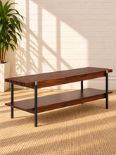 Load image into Gallery viewer, Image 1 of 5: Briar Two-Tier Coffee Table in Warm Walnut with slatted Acacia wood top, lower shelf, black Iron legs, and Gold accents
