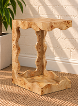 Load image into Gallery viewer, Brinley sculptural side table in natural Mappa burl with organic curves and open Art Deco-inspired frame