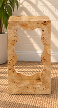Load image into Gallery viewer, Brinley sculptural side table in natural Mappa burl with organic curves and open Art Deco-inspired frame