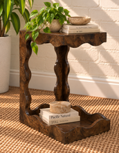 Load image into Gallery viewer, Brinley sculptural side table in rich walnut burl with curved open frame and Art Deco-inspired design