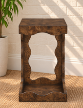 Load image into Gallery viewer, Brinley sculptural side table in rich walnut burl with curved open frame and Art Deco-inspired design