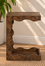 Load image into Gallery viewer, Brinley sculptural side table in rich walnut burl with curved open frame and Art Deco-inspired design