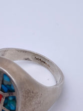 Load image into Gallery viewer, Native American Sterling Ring with Turquoise and Coral Inlay