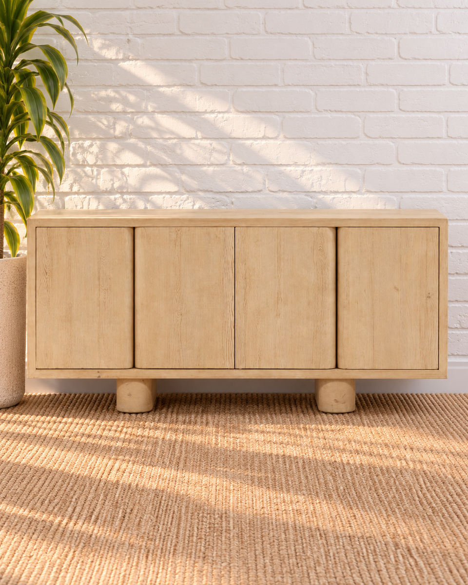 Cailah Four-Door Credenza in Natural Light Wood – Sunbeam Vintage