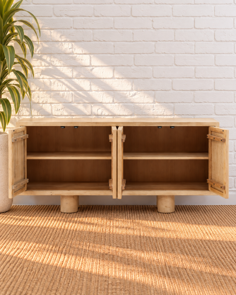 Cailah Four-Door Credenza in Natural Light Wood – Sunbeam Vintage