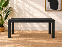 Load image into Gallery viewer, Callan rectangular solid acacia dining table in natural black with visible wood grain, clean edges and substantial square legs.