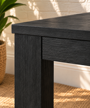 Load image into Gallery viewer, Callan rectangular solid acacia dining table in natural black with visible wood grain, clean edges and substantial square legs.
