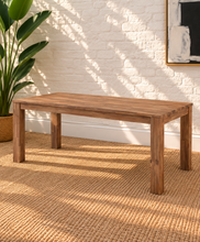 Load image into Gallery viewer, Callan rectangular solid acacia wood dining table in natural brown with square wood legs and visible natural grain variation.