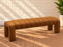 Load image into Gallery viewer, Camden upholstered dining bench in Toasted Cognac velvet with deep channel tufting and fully upholstered wood frame
