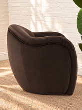 Load image into Gallery viewer, Capri lounge chair in Espresso performance velvet with curved barrel back, rounded arms, French piping, and pleated detailing
