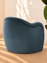 Load image into Gallery viewer, Capri lounge chair in Slate Blue performance velvet with curved barrel back, rounded arms, French piping, and pleated detailing
