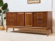 Load image into Gallery viewer, Restored Vintage Mid Century Modern Brown Double Door 6 Drawer Dresser