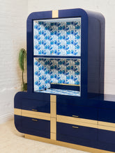Load image into Gallery viewer, 1970’s Italian 2 Piece Post Modern Blue and Gold Hutch with Plinth Base