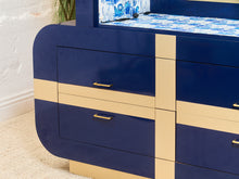 Load image into Gallery viewer, 1970’s Italian 2 Piece Post Modern Blue and Gold Hutch with Plinth Base