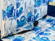 Load image into Gallery viewer, 1970’s Italian 2 Piece Post Modern Blue and Gold Hutch with Plinth Base