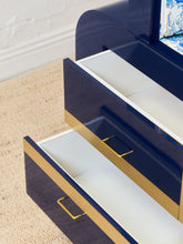 Load image into Gallery viewer, 1970’s Italian 2 Piece Post Modern Blue and Gold Hutch with Plinth Base