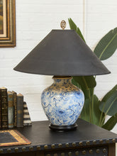 Load image into Gallery viewer, Blue and White Floral Ceramic Table Lamp with Charcoal Shade