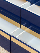 Load image into Gallery viewer, 1970’s Italian 2 Piece Post Modern Blue and Gold Hutch with Plinth Base