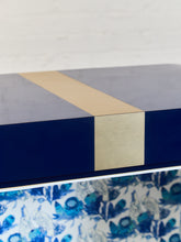 Load image into Gallery viewer, 1970’s Italian 2 Piece Post Modern Blue and Gold Hutch with Plinth Base