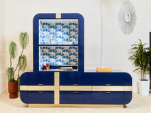 Load image into Gallery viewer, 1970’s Italian 2 Piece Post Modern Blue and Gold Hutch with Plinth Base