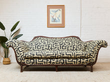 Load image into Gallery viewer, Vintage Victorian Chaise Lounge Sofa Carved Wood Frame in Kuba Maze Fabric
