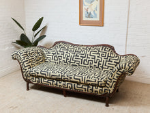 Load image into Gallery viewer, Vintage Victorian Chaise Lounge Sofa Carved Wood Frame in Kuba Maze Fabric