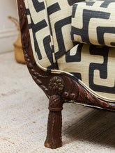 Load image into Gallery viewer, Vintage Victorian Chaise Lounge Sofa Carved Wood Frame in Kuba Maze Fabric