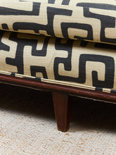 Load image into Gallery viewer, Vintage Victorian Chaise Lounge Sofa Carved Wood Frame in Kuba Maze Fabric
