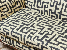 Load image into Gallery viewer, Vintage Victorian Chaise Lounge Sofa Carved Wood Frame in Kuba Maze Fabric