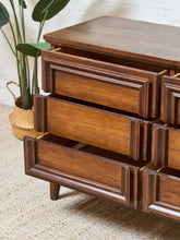 Load image into Gallery viewer, Nine Drawer, Mid-century Vintage Framed Walnut Dresser