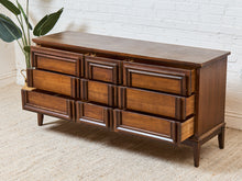 Load image into Gallery viewer, Nine Drawer, Mid-century Vintage Framed Walnut Dresser