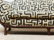 Load image into Gallery viewer, Vintage Victorian Chaise Lounge Sofa Carved Wood Frame in Kuba Maze Fabric