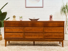 Load image into Gallery viewer, Walnut Mid Century 9 Drawer Dresser