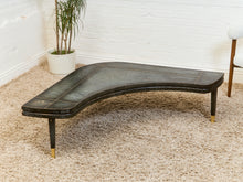 Load image into Gallery viewer, Curved Black Cerrused Distressed Coffee Table with Brass Accents