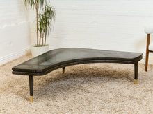Load image into Gallery viewer, Curved Black Cerrused Distressed Coffee Table with Brass Accents