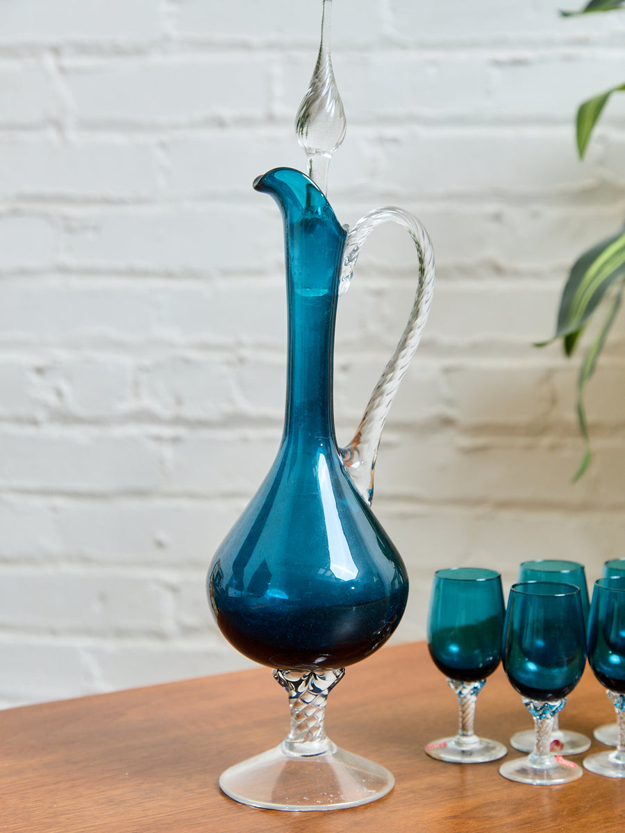 Teal Empoli Italian Glass Decanter and 6 Glasses – Sunbeam Vintage