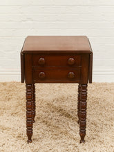 Load image into Gallery viewer, Antique Cherry Sheraton Side End Table Drop Leaf Drawers Bobbin Leg American Wild Cherry Cabinet Nightstand