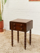 Load image into Gallery viewer, Antique Cherry Sheraton Side End Table Drop Leaf Drawers Bobbin Leg American Wild Cherry Cabinet Nightstand