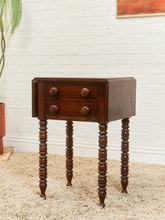 Load image into Gallery viewer, Antique Cherry Sheraton Side End Table Drop Leaf Drawers Bobbin Leg American Wild Cherry Cabinet Nightstand