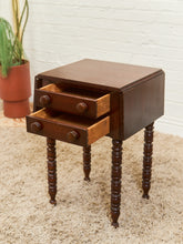 Load image into Gallery viewer, Antique Cherry Sheraton Side End Table Drop Leaf Drawers Bobbin Leg American Wild Cherry Cabinet Nightstand