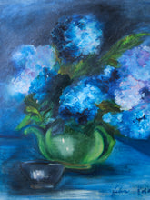 Load image into Gallery viewer, Vintage Mid Century Blue Hydrangeas in a Green Vase Signed Helen 1967