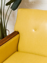 Load image into Gallery viewer, Yellow Vintage Sofa with Wood Arms