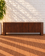 Load image into Gallery viewer, Carson six-door natural brown elm wood credenza with rich wood grain, concealed interior shelving, and rounded architectural end supports.