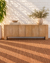 Load image into Gallery viewer, Carson six-door natural elm wood credenza with patterned wood grain, concealed shelving, and rounded architectural end supports.