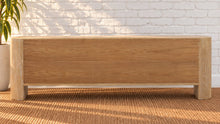 Load image into Gallery viewer, Carson six-door natural elm wood credenza with patterned wood grain, concealed shelving, and rounded architectural end supports.