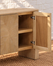 Load image into Gallery viewer, Carson six-door natural elm wood credenza with patterned wood grain, concealed shelving, and rounded architectural end supports.