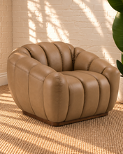Load image into Gallery viewer, Casey honey brown genuine leather accent chair with rounded channel upholstery, curved arms and a slim wood base.