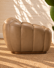 Load image into Gallery viewer, Casey honey brown genuine leather accent chair with rounded channel upholstery, curved arms and a slim wood base.